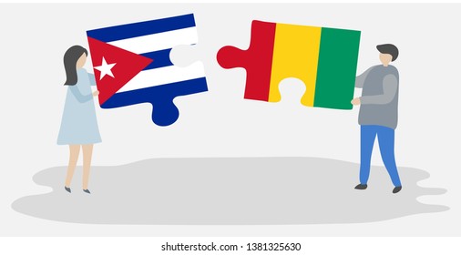 Couple holding two puzzles pieces with Cuban and Guinean flags. Cuba and Guinea national symbols together.