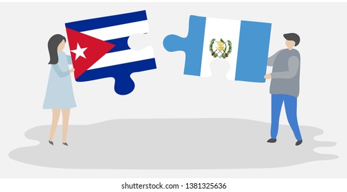 Couple holding two puzzles pieces with Cuban and Guatemalan flags. Cuba and Guatemala national symbols together.