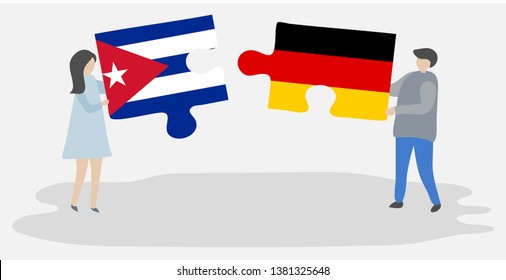 Couple holding two puzzles pieces with Cuban and German flags. Cuba and Germany national symbols together.
