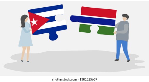 Couple holding two puzzles pieces with Cuban and Gambian flags. Cuba and Gambia national symbols together.