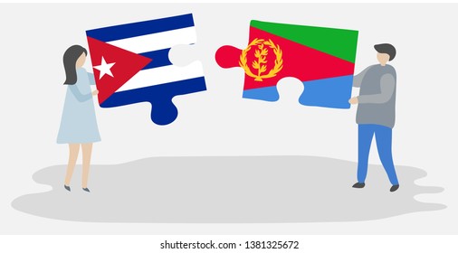 Couple holding two puzzles pieces with Cuban and Eritrean flags. Cuba and Eritrea national symbols together.