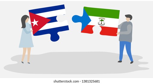 Couple holding two puzzles pieces with Cuban and Equatorial Guinean flags. Cuba and Equatorial Guinea national symbols together.