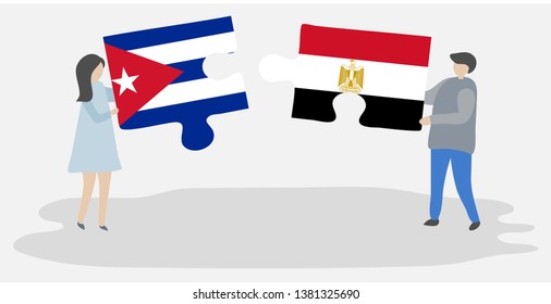 Couple holding two puzzles pieces with Cuban and Egyptian flags. Cuba and Egypt national symbols together.
