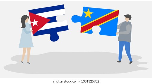 Couple holding two puzzles pieces with Cuban and Congolese flags. Cuba and Democratic Republic of the Congo national symbols together.