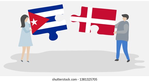 Couple holding two puzzles pieces with Cuban and Danish flags. Cuba and Denmark national symbols together.