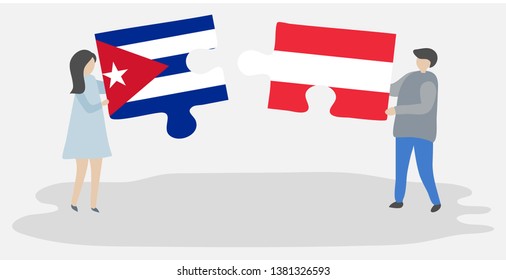 Couple holding two puzzles pieces with Cuban and Austrian flags. Cuba and Austria national symbols together.
