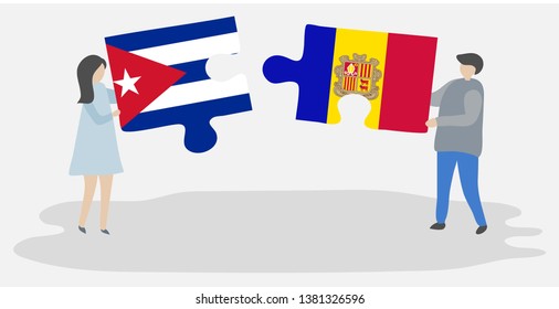 Couple holding two puzzles pieces with Cuban and Andorran flags. Cuba and Andorra national symbols together.
