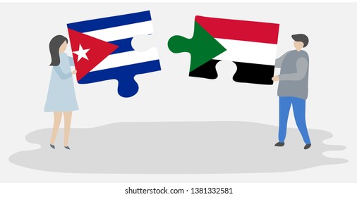 Couple holding two puzzles pieces with Cuban and Sudanese flags. Cuba and Sudan national symbols together.
