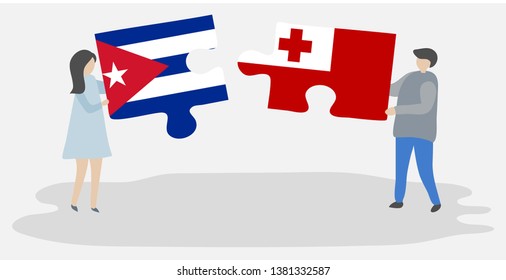Couple holding two puzzles pieces with Cuban and Tongan flags. Cuba and Tonga national symbols together.