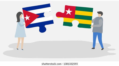 Couple holding two puzzles pieces with Cuban and Togolese flags. Cuba and Togo national symbols together.