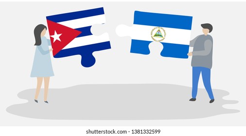 Couple holding two puzzles pieces with Cuban and Nicaraguan flags. Cuba and Nicaragua national symbols together.
