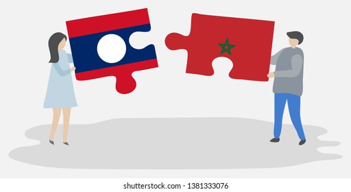 Couple holding two puzzles pieces with Lao and Moroccan flags. Laos and Morocco national symbols together.