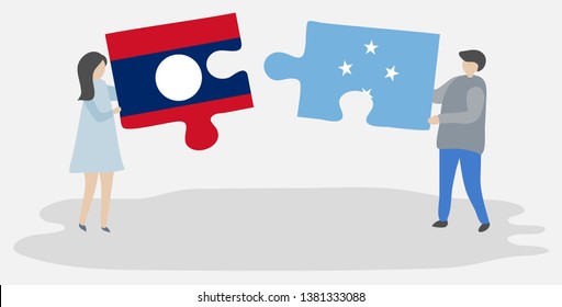 Couple holding two puzzles pieces with Lao and Micronesian flags. Laos and Micronesia national symbols together.