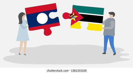 Couple holding two puzzles pieces with Lao and Mozambican flags. Laos and Mozambique national symbols together.