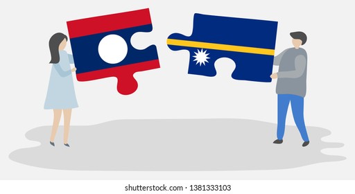 Couple holding two puzzles pieces with Lao and Nauruan flags. Laos and Nauru national symbols together.