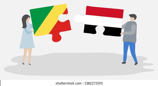 Couple holding two puzzles pieces with Congolese and Yemeni flags. Republic of the Congo and Yemen national symbols together.
