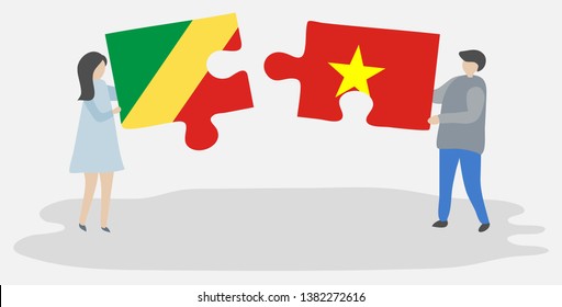 Couple holding two puzzles pieces with Congolese and Vietnamese flags. Republic of the Congo and Vietnam national symbols together.