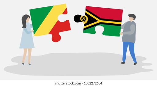 Couple holding two puzzles pieces with Congolese and Vanuatuan flags. Republic of the Congo and Vanuatu national symbols together.