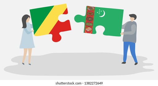 Couple holding two puzzles pieces with Congolese and Turkmen flags. Republic of the Congo and Turkmenistan national symbols together.
