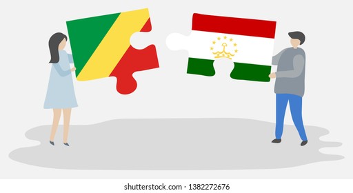 Couple holding two puzzles pieces with Congolese and Tajikistani flags. Republic of the Congo and Tajikistan national symbols together.