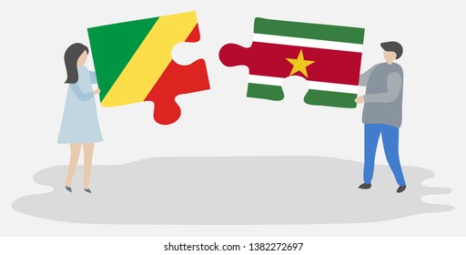 Couple holding two puzzles pieces with Congolese and Surinamese flags. Republic of the Congo and Suriname national symbols together.