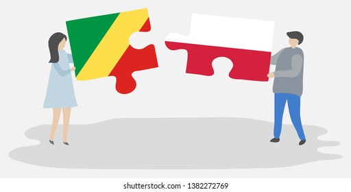 Couple holding two puzzles pieces with Congolese and Polish flags. Republic of the Congo and Poland national symbols together.