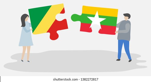 Couple holding two puzzles pieces with Congolese and Burmese flags. Republic of the Congo and Myanmar national symbols together.