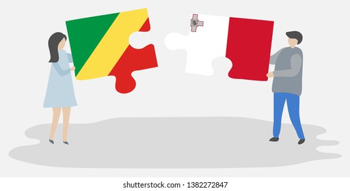Couple holding two puzzles pieces with Congolese and Maltese flags. Republic of the Congo and Malta national symbols together.
