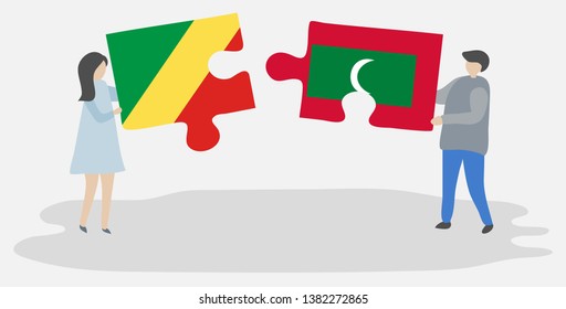 Couple holding two puzzles pieces with Congolese and Maldivian flags. Republic of the Congo and Maldives national symbols together.