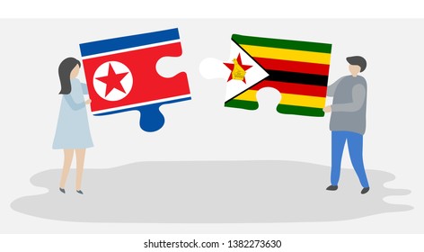 Couple holding two puzzles pieces with North Korean and Zimbabwean flags. North Korea and Zimbabwe national symbols together.