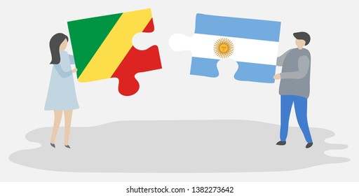 Couple holding two puzzles pieces with Congolese and Argentine flags. Republic of the Congo and Argentina national symbols together.