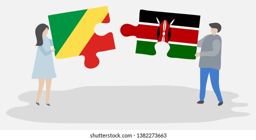 Couple holding two puzzles pieces with Congolese and Kenyan flags. Republic of the Congo and Kenya national symbols together.