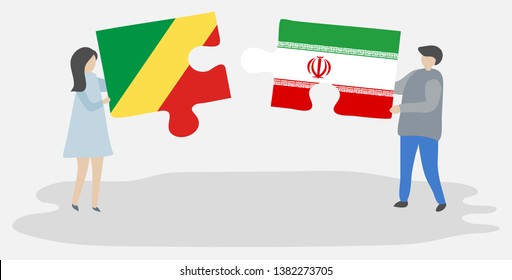 Couple holding two puzzles pieces with Congolese and Iranian flags. Republic of the Congo and Iran national symbols together.