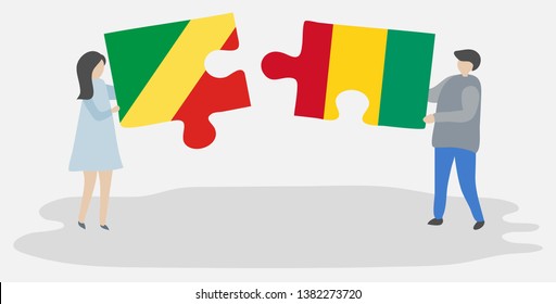 Couple holding two puzzles pieces with Congolese and Guinean flags. Republic of the Congo and Guinea national symbols together.