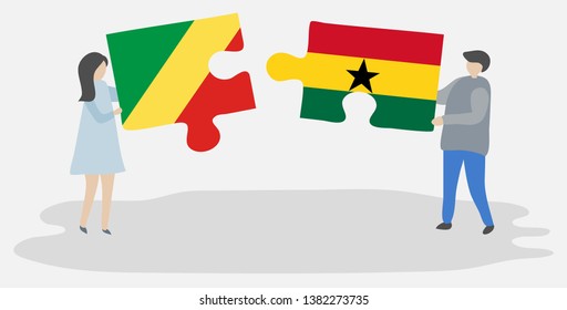 Couple holding two puzzles pieces with Congolese and Ghanaian flags. Republic of the Congo and Ghana national symbols together.