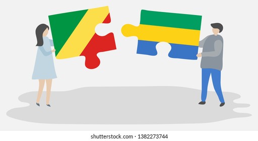 Couple holding two puzzles pieces with Congolese and Gabonese flags. Republic of the Congo and Gabon national symbols together.