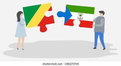 Couple holding two puzzles pieces with Congolese and Equatorial Guinean flags. Republic of the Congo and Equatorial Guinea national symbols together.