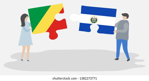Couple holding two puzzles pieces with Congolese and Salvadoran flags. Republic of the Congo and El Salvador national symbols together.