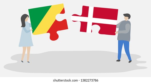 Couple holding two puzzles pieces with Congolese and Danish flags. Republic of the Congo and Denmark national symbols together.