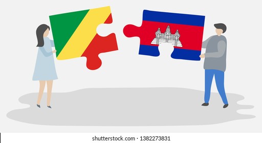 Couple holding two puzzles pieces with Congolese and Cambodian flags. Republic of the Congo and Cambodia national symbols together.