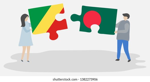 Couple holding two puzzles pieces with Congolese and Bangladeshi flags. Republic of the Congo and Bangladesh national symbols together.