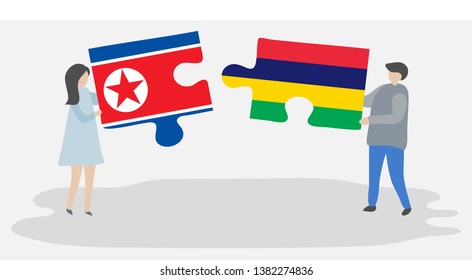 Couple holding two puzzles pieces with North Korean and Mauritian flags. North Korea and Mauritius national symbols together.