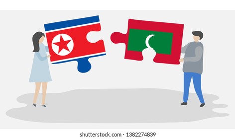 Couple holding two puzzles pieces with North Korean and Maldivian flags. North Korea and Maldives national symbols together.
