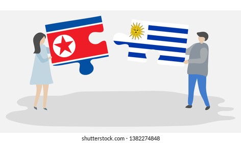 Couple holding two puzzles pieces with North Korean and Uruguayan flags. North Korea and Uruguay national symbols together.
