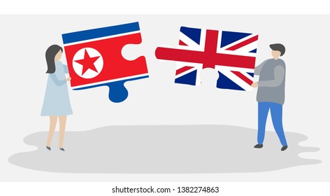 Couple holding two puzzles pieces with North Korean and British flags. North Korea and United Kingdom national symbols together.