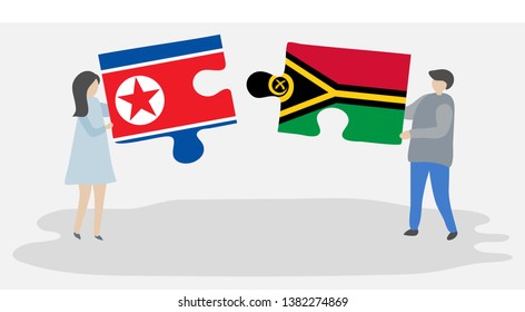 Couple holding two puzzles pieces with North Korean and Vanuatuan flags. North Korea and Vanuatu national symbols together.