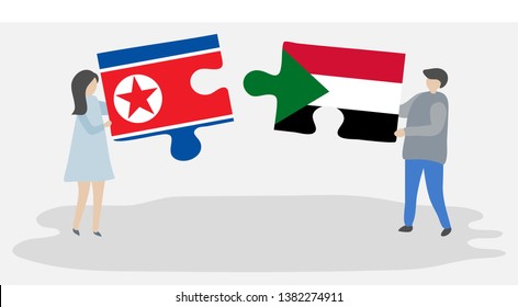 Couple holding two puzzles pieces with North Korean and Sudanese flags. North Korea and Sudan national symbols together.