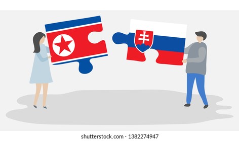 Couple holding two puzzles pieces with North Korean and Slovak flags. North Korea and Slovakia national symbols together.