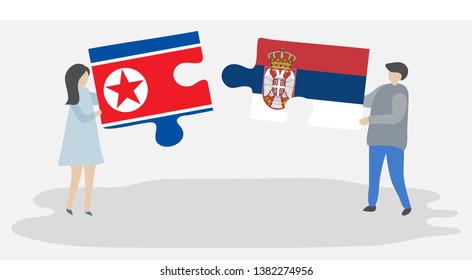 Couple holding two puzzles pieces with North Korean and Serbian flags. North Korea and Serbia national symbols together.