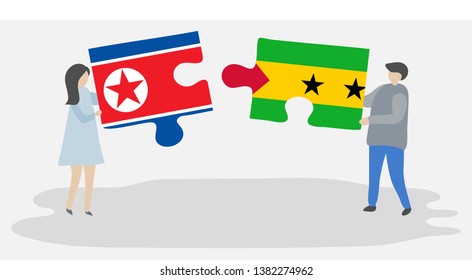 Couple holding two puzzles pieces with North Korean and Sao Tomean flags. North Korea and Sao Tome and Principe national symbols together.